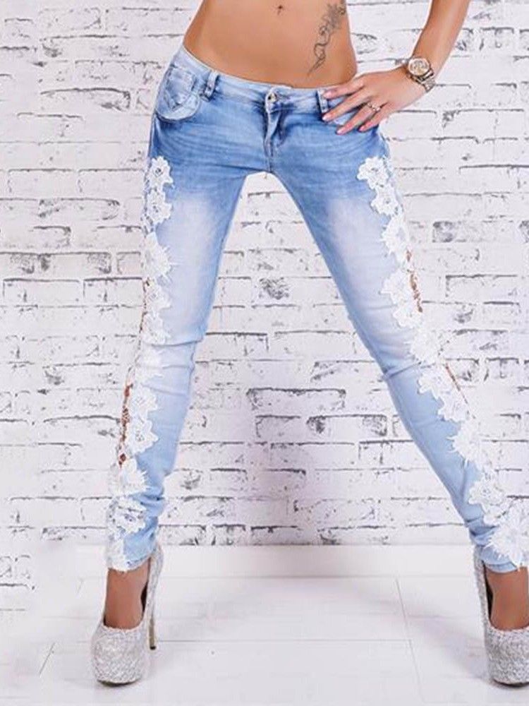 Pencil Pants Patchwork Slim Zipper Jeans För Kvinnor