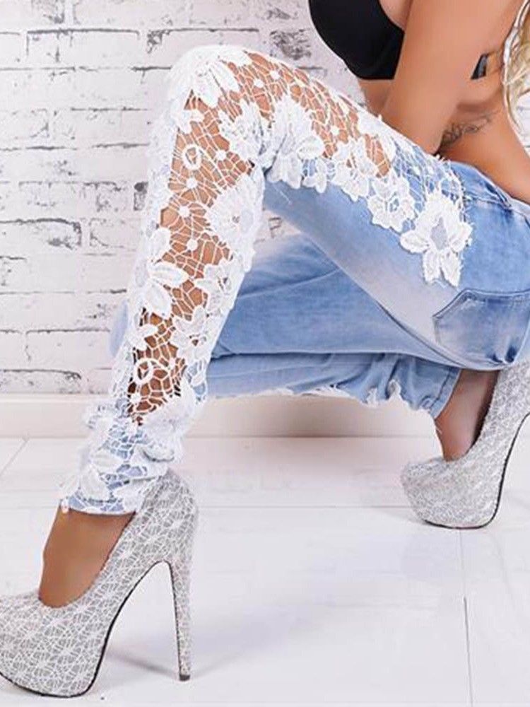 Pencil Pants Patchwork Slim Zipper Jeans För Kvinnor