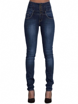 Skinny Jeans För Kvinnor Med Enkla Hög Midja Ficka
