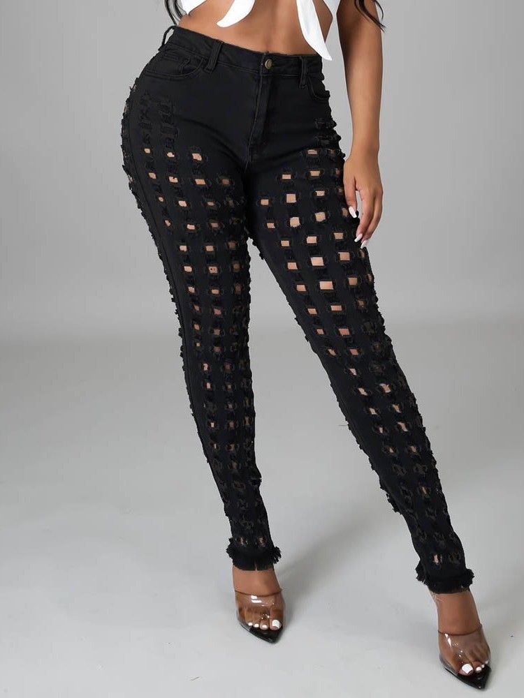 Vanliga Pencil Byxor Hål Slim Dragkedja Dam Jeans