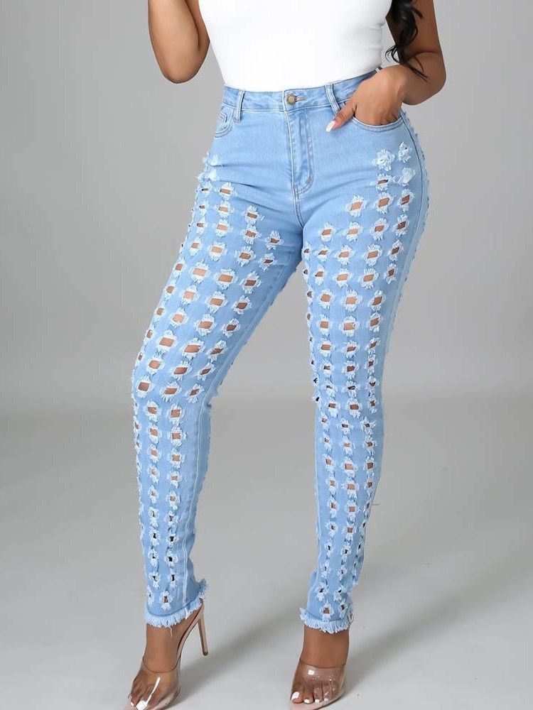 Vanliga Pencil Byxor Hål Slim Dragkedja Dam Jeans