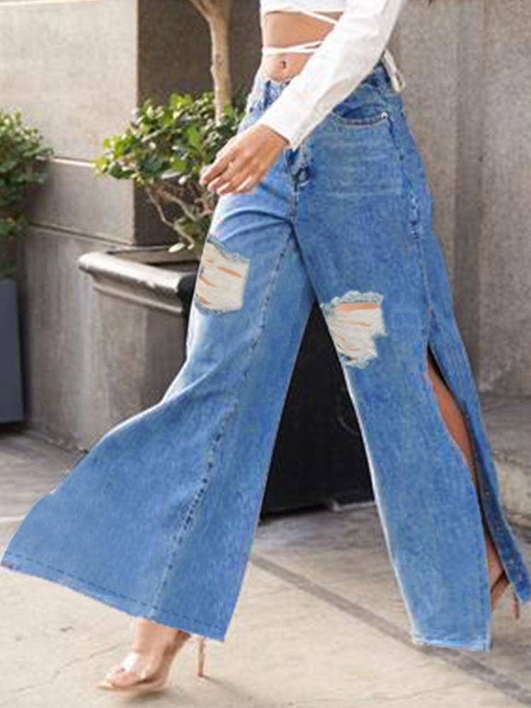 Vanliga Raka Delade Lösa Jeans Med Mid Midja För Kvinnor