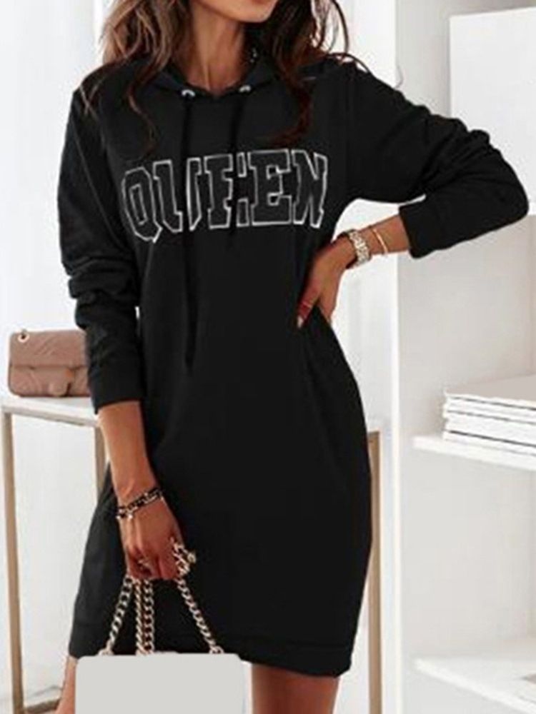 Above Knee Hooded Long Sleeve Letter Bodycon Klänning
