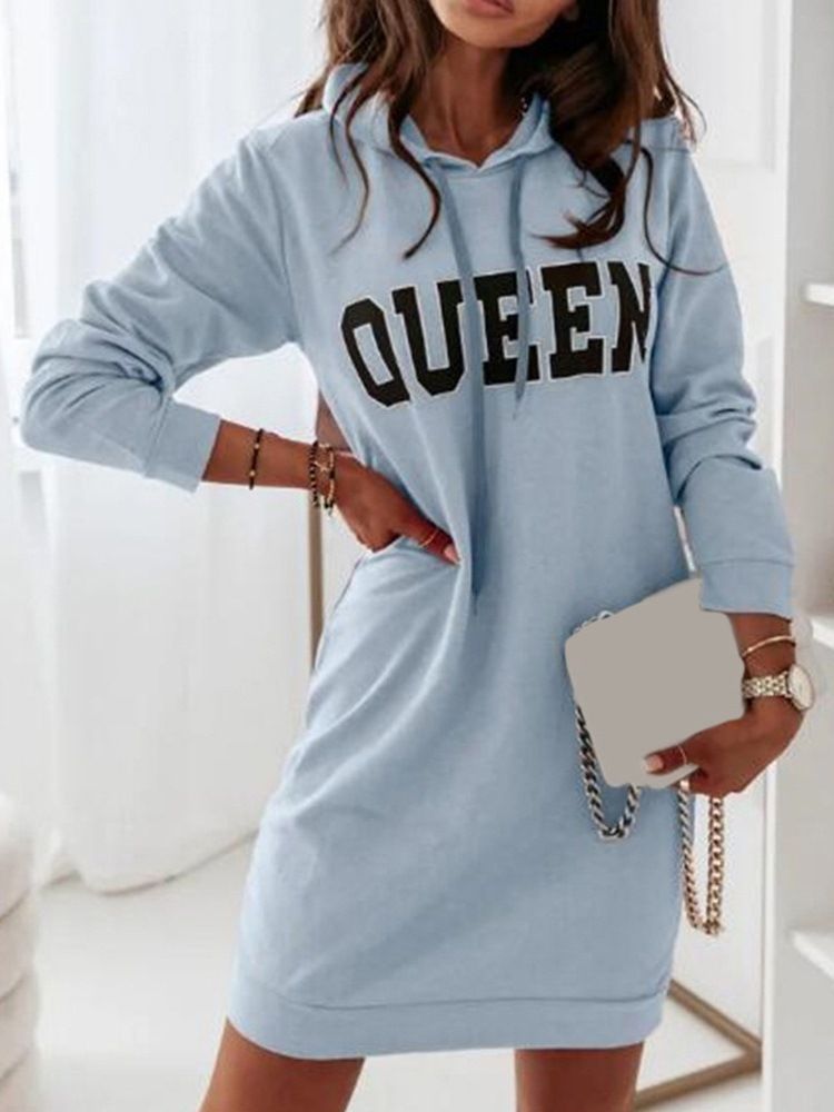 Above Knee Hooded Long Sleeve Letter Bodycon Klänning