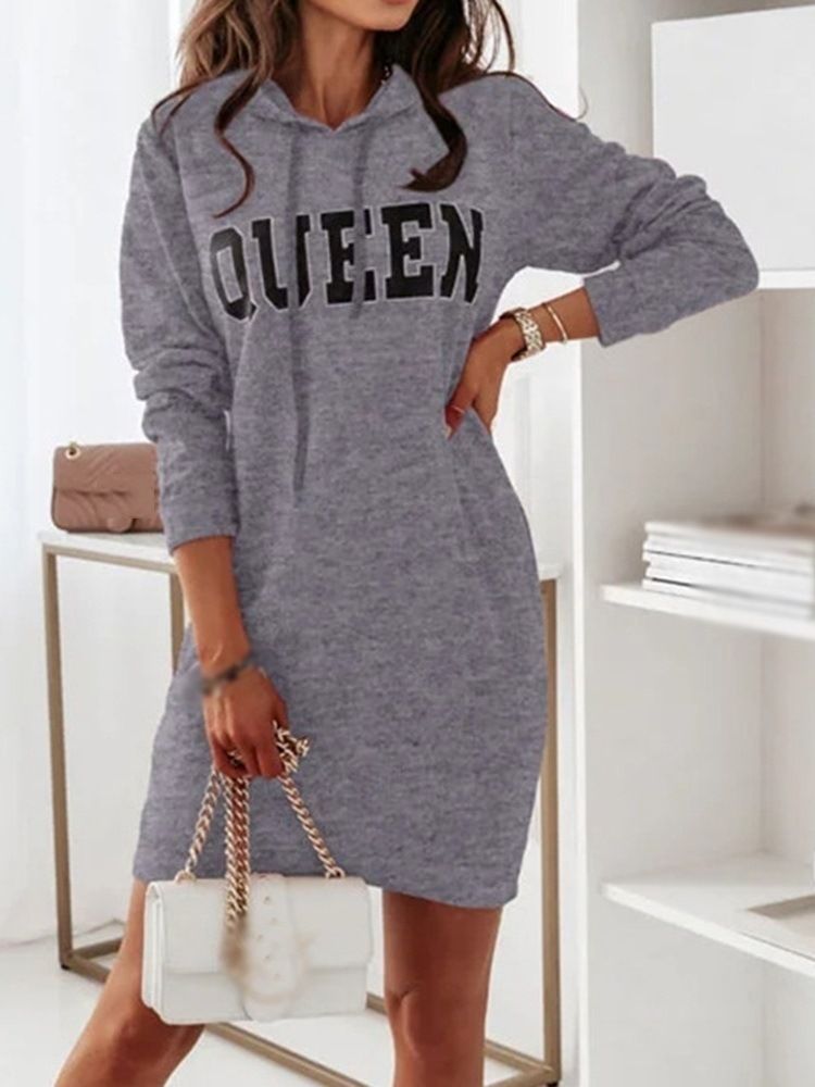 Above Knee Hooded Long Sleeve Letter Bodycon Klänning