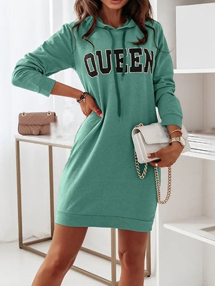 Above Knee Hooded Long Sleeve Letter Bodycon Klänning