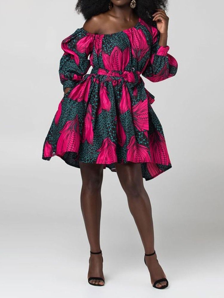 Afrikanskt Mode Snedkrage Lantern Sleeve Above Knee Floral Klänning