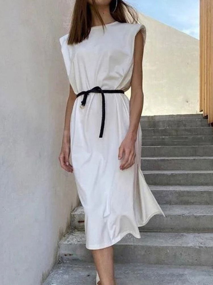 Cap Sleeve Split Mid-Calf Mid Waist Office Lady Damklänning