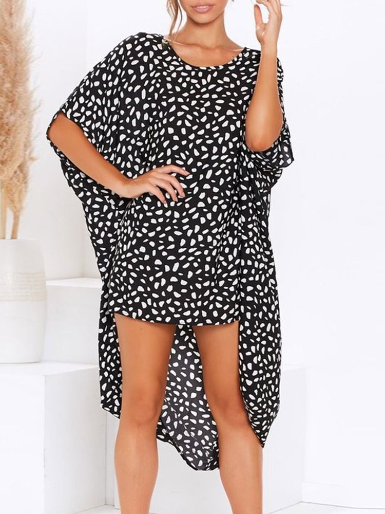 Casual Leopard Asymmetrisk Klänning Med Rund Hals I Mitten Av Vaden