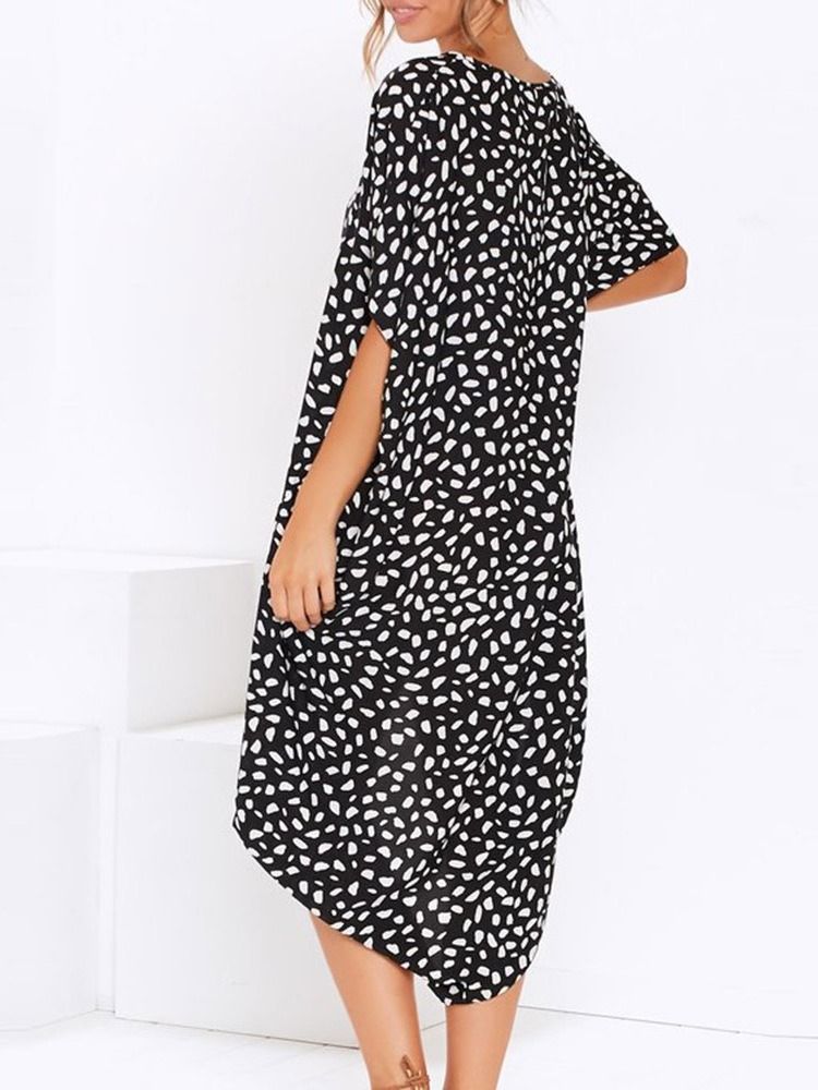 Casual Leopard Asymmetrisk Klänning Med Rund Hals I Mitten Av Vaden