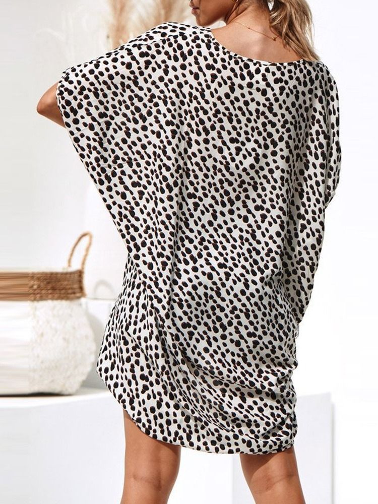 Casual Leopard Asymmetrisk Klänning Med Rund Hals I Mitten Av Vaden