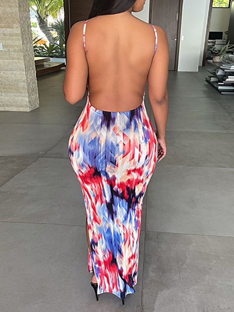 Cow Print Tie Dye Ärmlös Delad Ankellång Midjaklänning