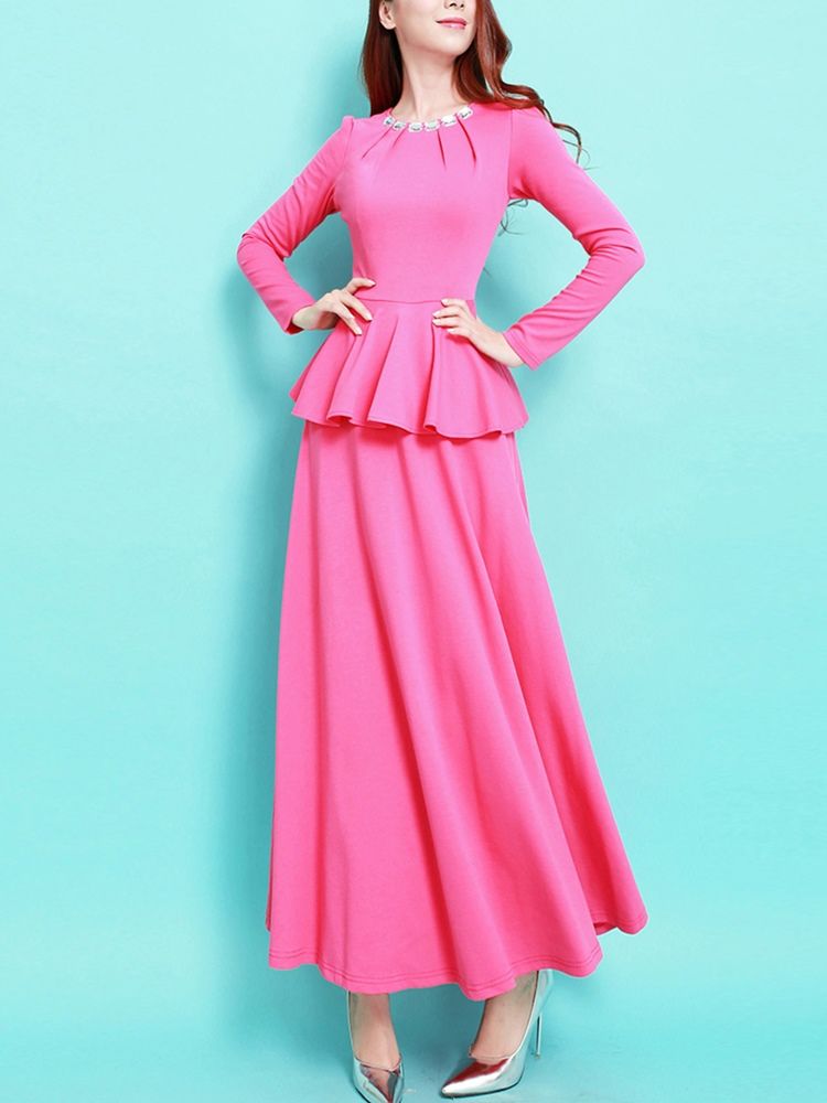 Enfärgad Peplum Långärmad Maxiklänning