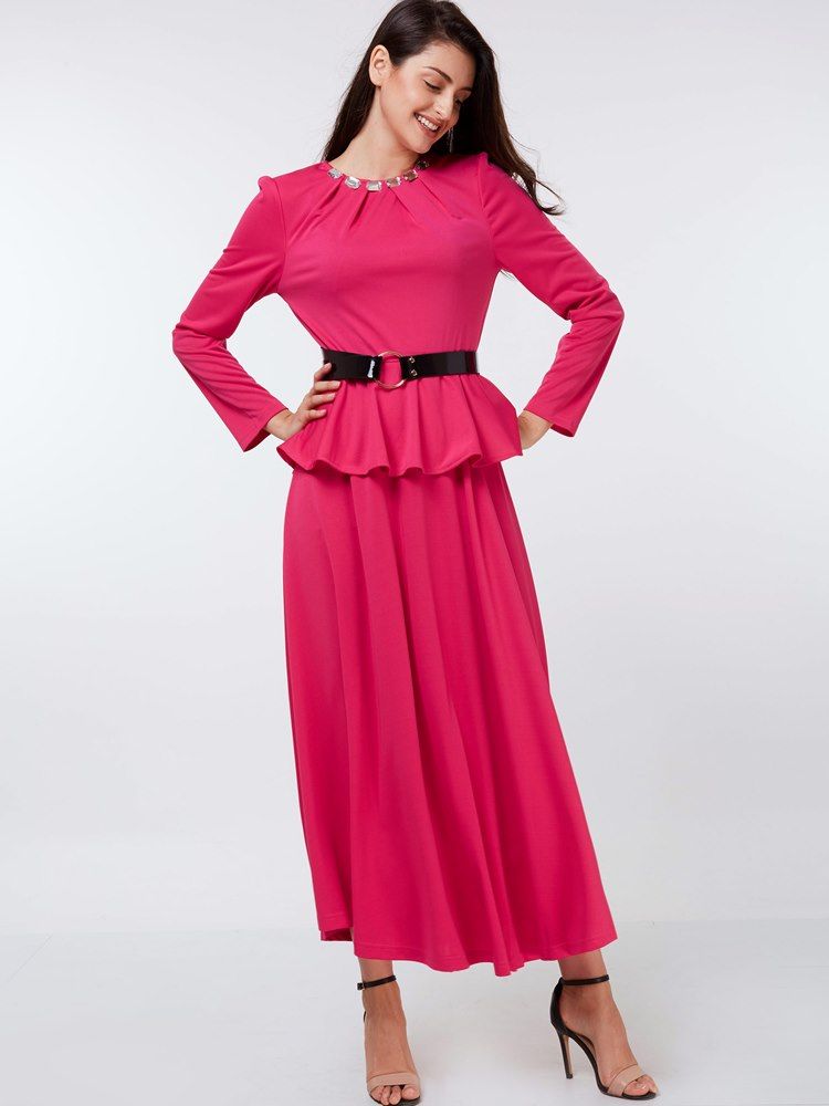 Enfärgad Peplum Långärmad Maxiklänning
