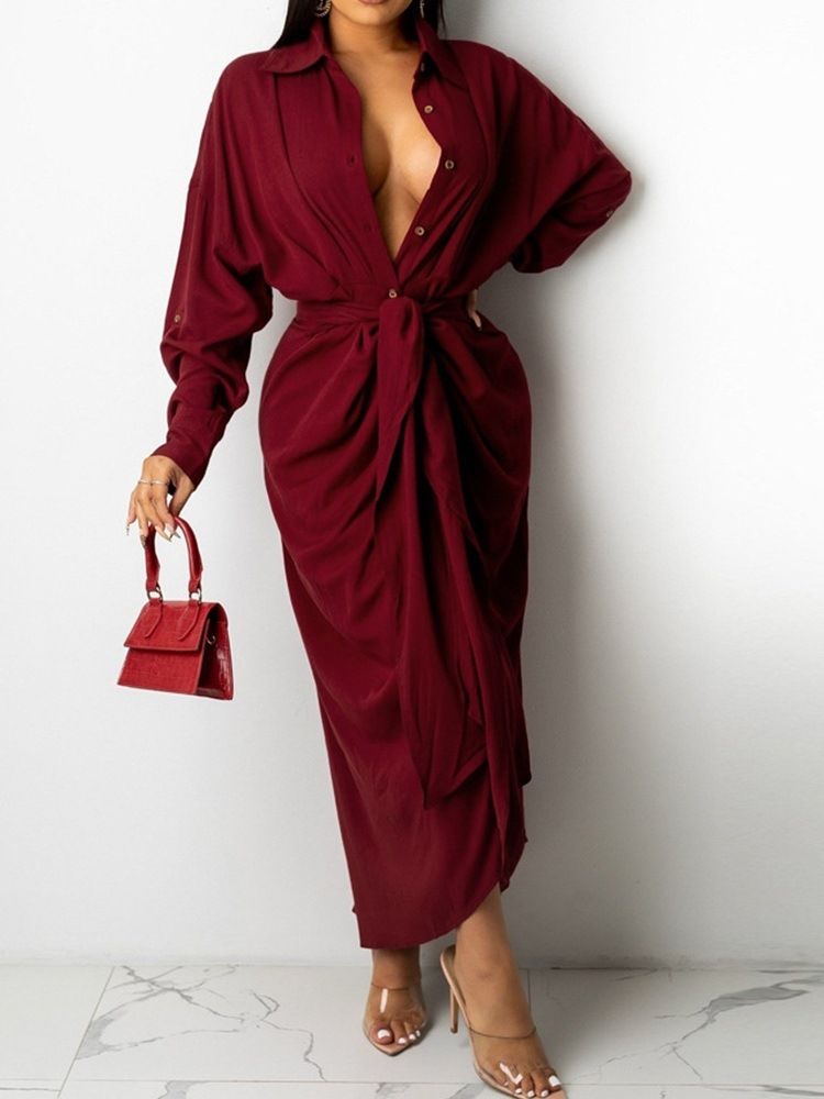 Golvlång Långärmad Lapel Fashion Bodycon Klänning