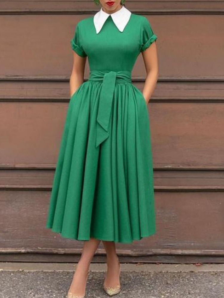 Kortärmad Mid-Calf Lapel Color Block Sommar Casual Klänning