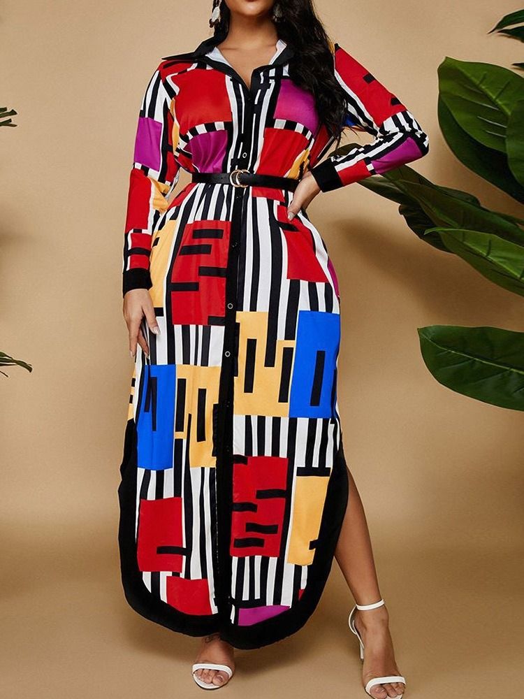 Långärmad Asymmetrisk Lapel Asymmetrisk Color Block Klänning