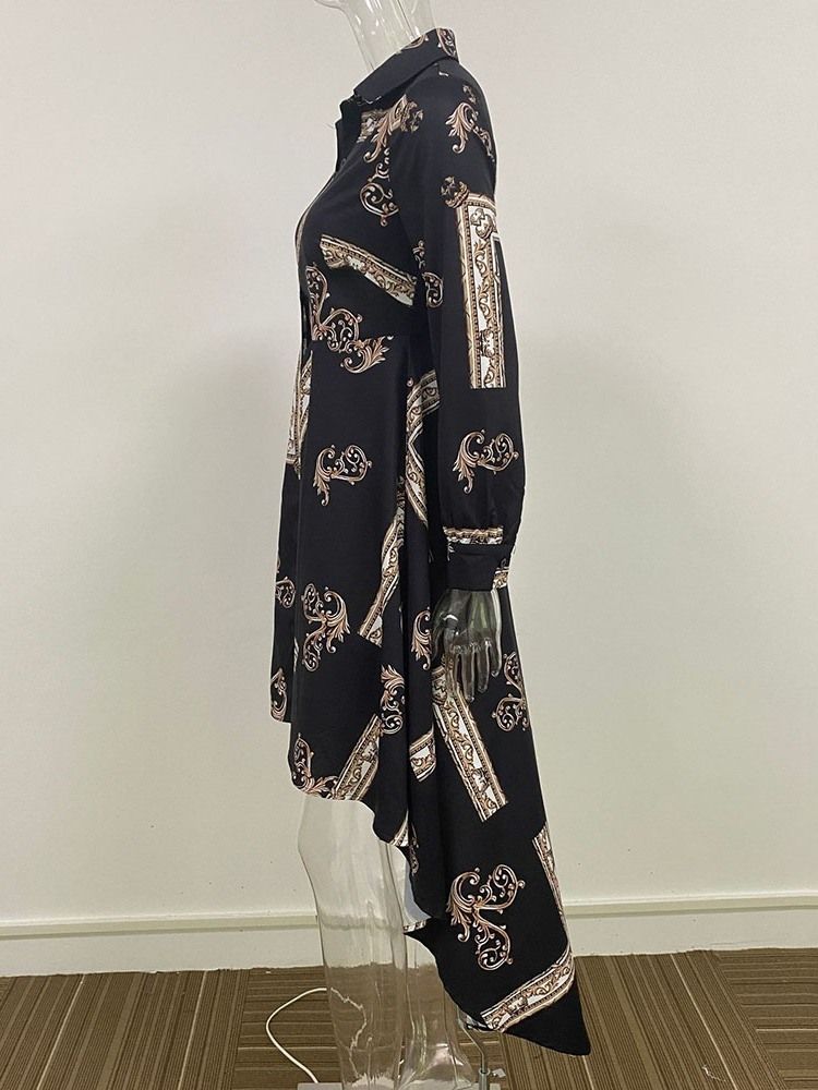 Långärmad Lapel Golvlång Västerländsk Casual Klänning Med Mitten Av Midjan