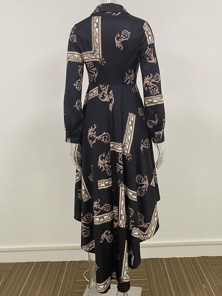 Långärmad Lapel Golvlång Västerländsk Casual Klänning Med Mitten Av Midjan