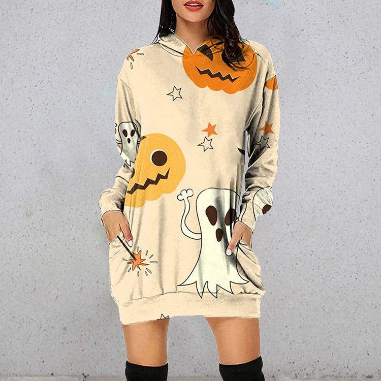 Långärmad Ovanför Knäet Hooded Western Pullover Casual Klänning