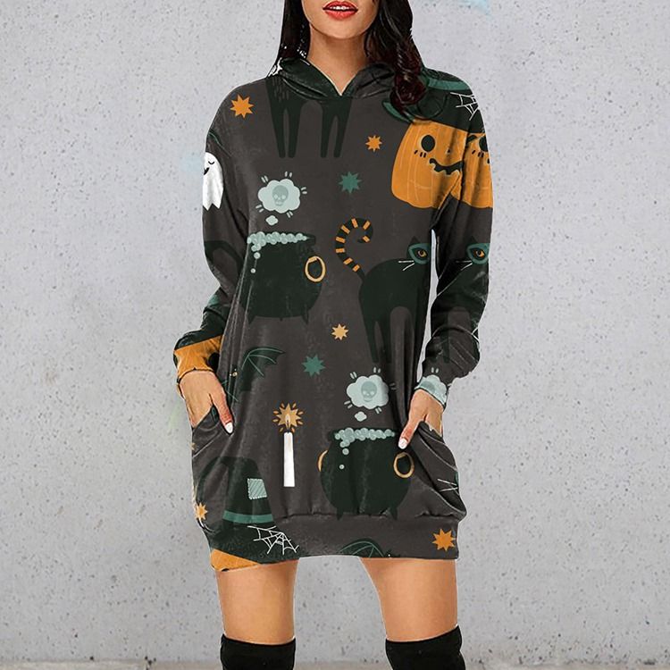 Långärmad Ovanför Knäet Hooded Western Pullover Casual Klänning