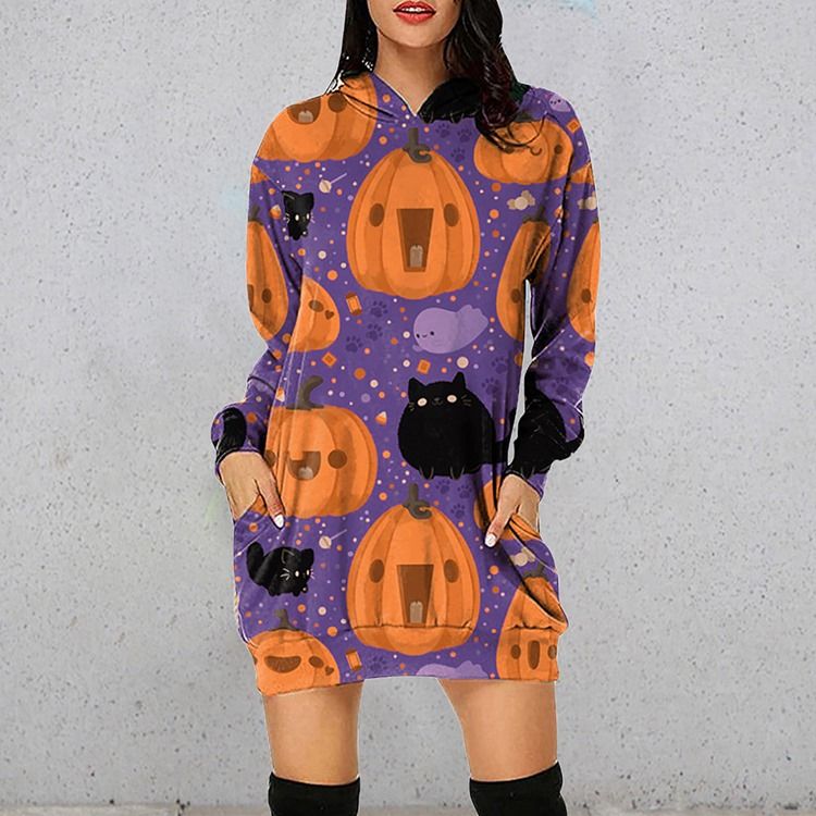 Långärmad Ovanför Knäet Hooded Western Pullover Casual Klänning