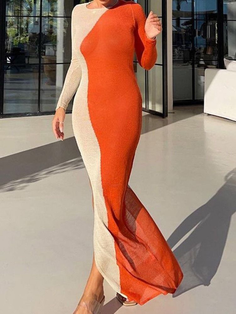 Långärmad Rundhalsad Split Bodycon Sommarklänning