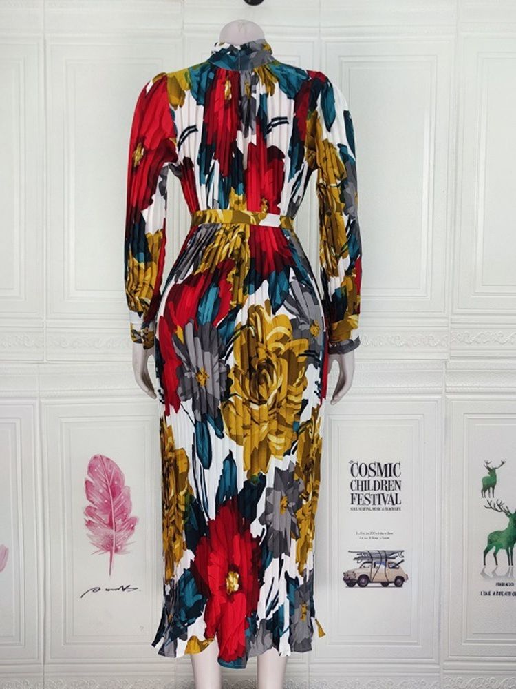 Mid-Calf Stand Krage Print Pullover Mode Klänning