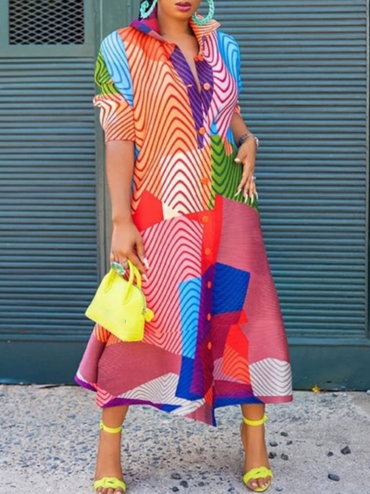 Mid-Kalf Halvärm Print Color Block Enkelknäppt Klänning