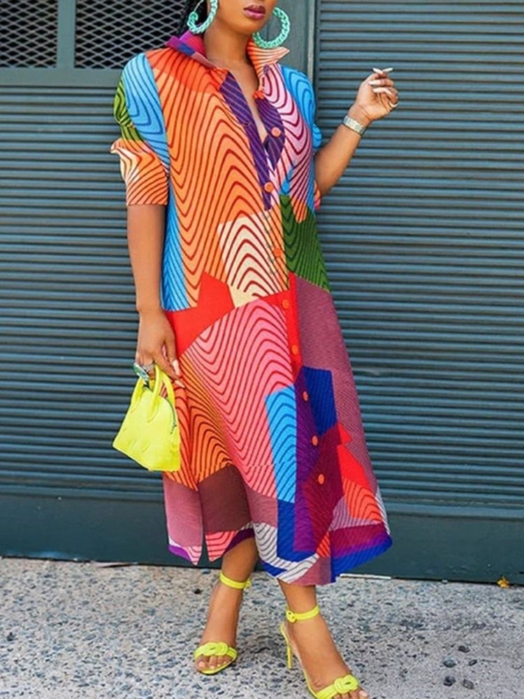 Mid-Kalf Halvärm Print Color Block Enkelknäppt Klänning