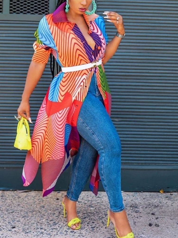 Mid-Kalf Halvärm Print Color Block Enkelknäppt Klänning