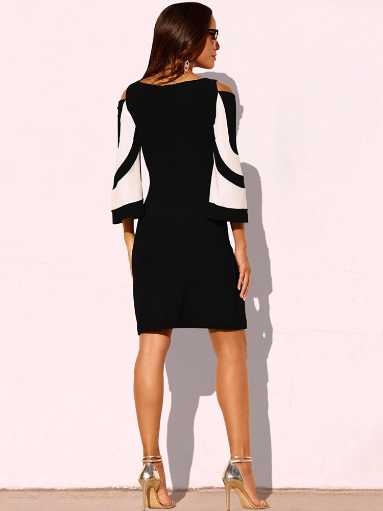 Nio Punkters Ärm Off-The-Shoulder Color Block Klänning