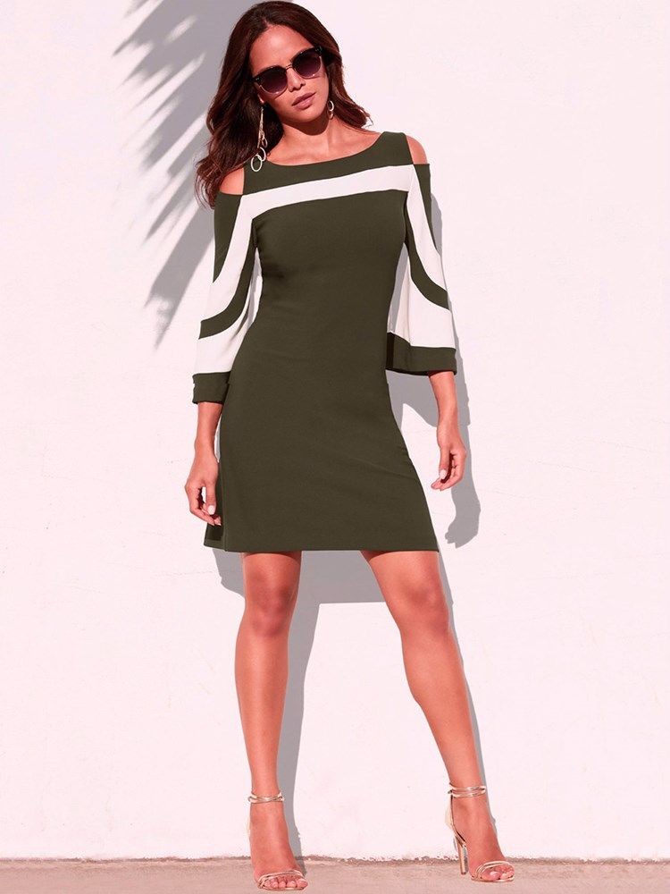 Nio Punkters Ärm Off-The-Shoulder Color Block Klänning