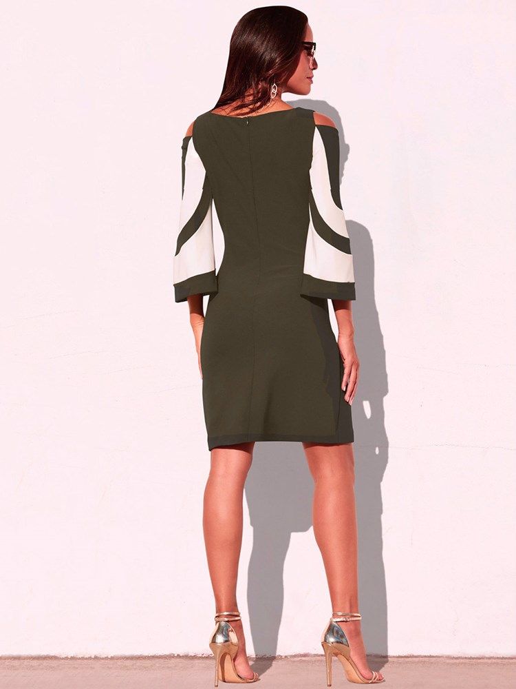 Nio Punkters Ärm Off-The-Shoulder Color Block Klänning