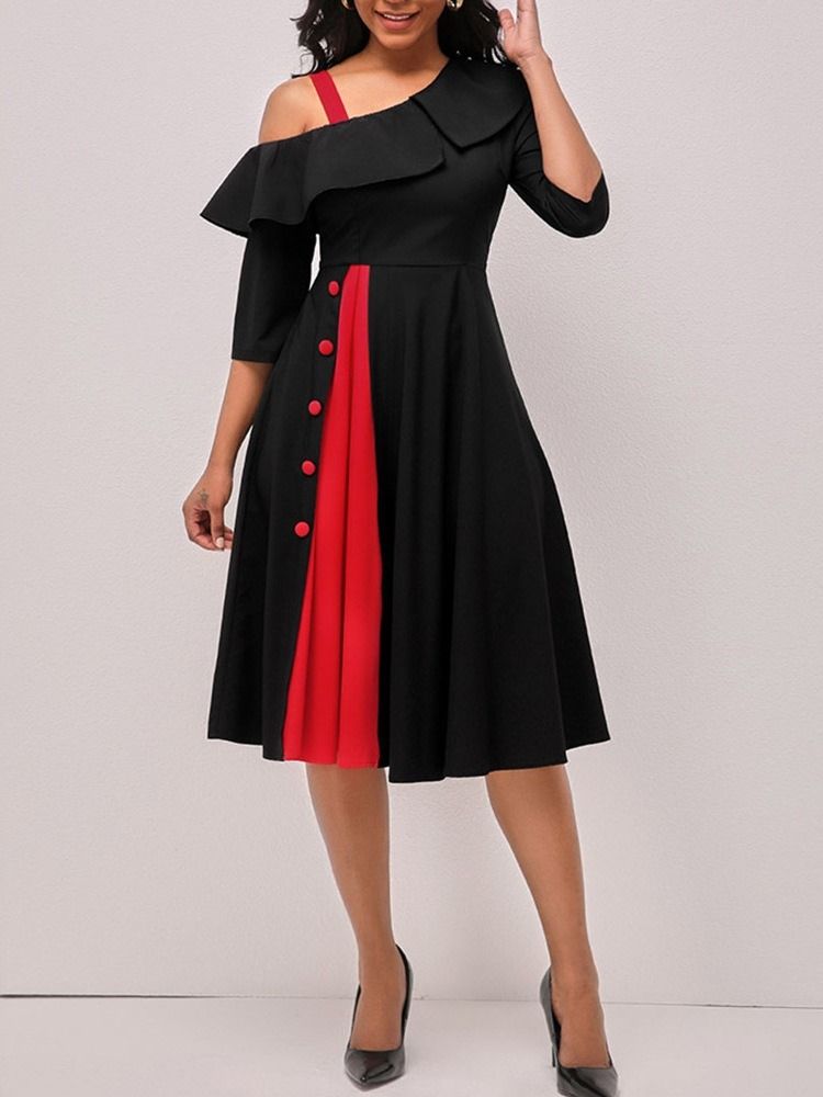 Patchwork Trekvartsärm Snedkrage High Waist Color Block Klänning