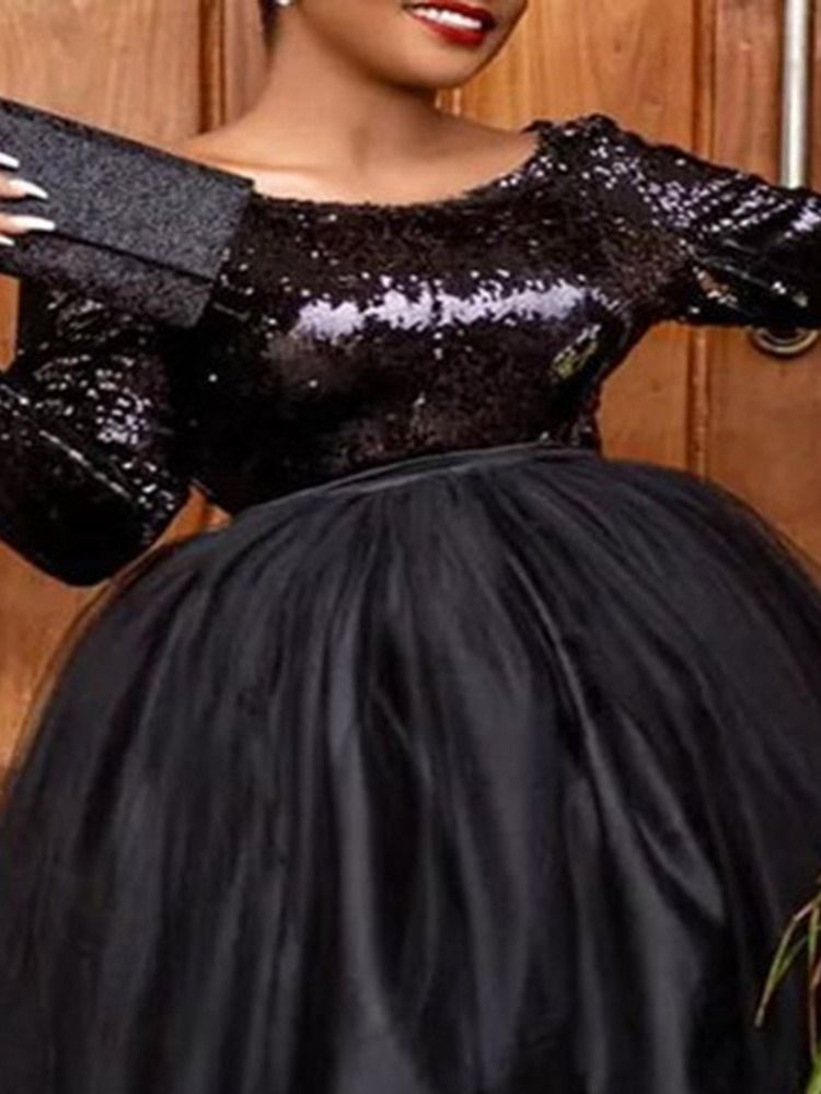 Plus Size Knälång Mesh Långärmad Balklänning Vanlig Klänning