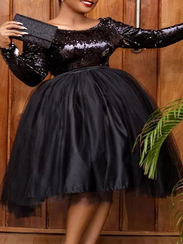Plus Size Knälång Mesh Långärmad Balklänning Vanlig Klänning