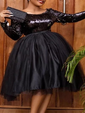 Plus Size Knälång Mesh Långärmad Balklänning Vanlig Klänning