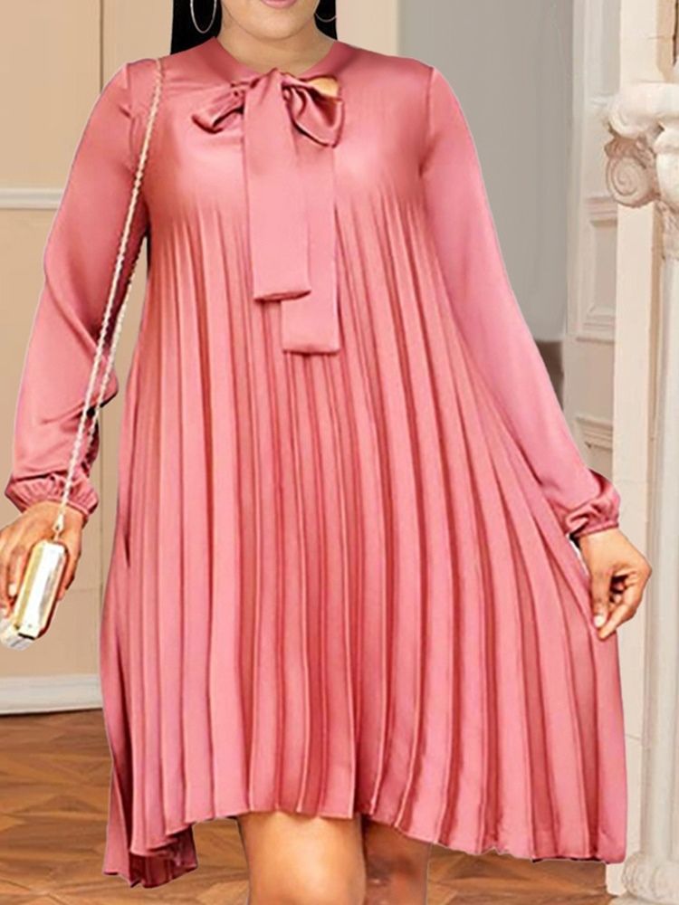 Plus Size Långärmad Knälång Klänning Med Snörning