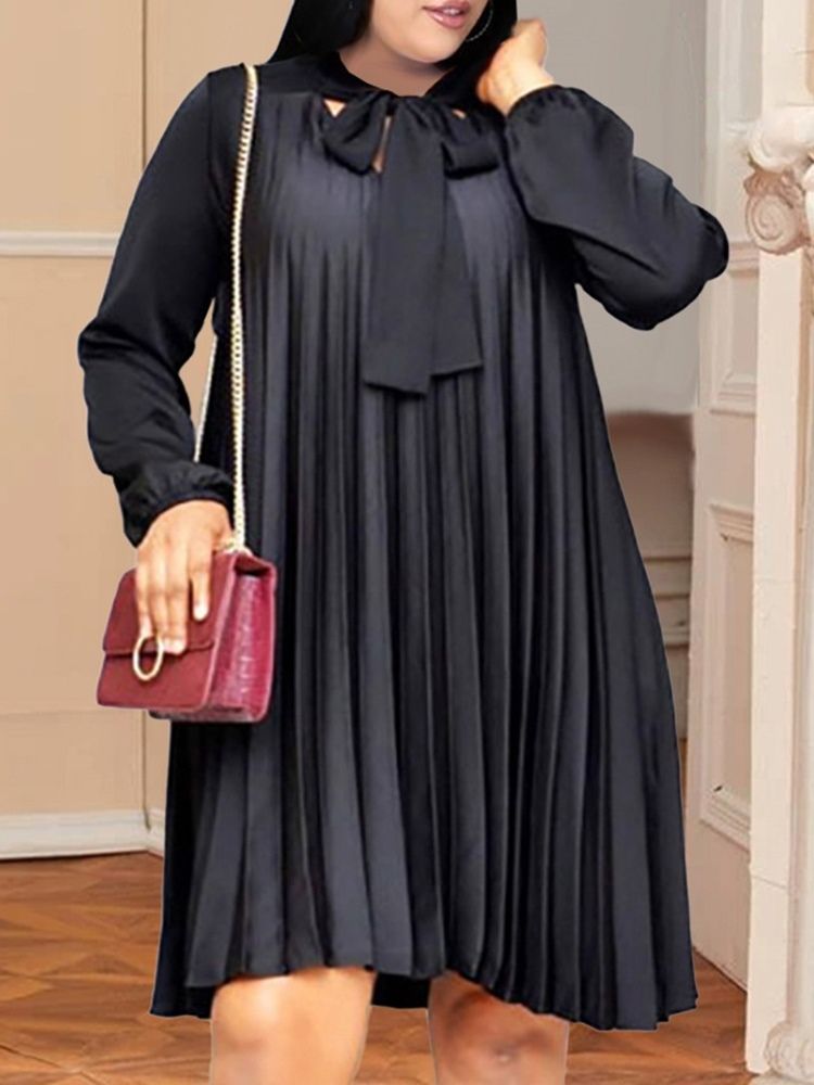 Plus Size Långärmad Knälång Klänning Med Snörning