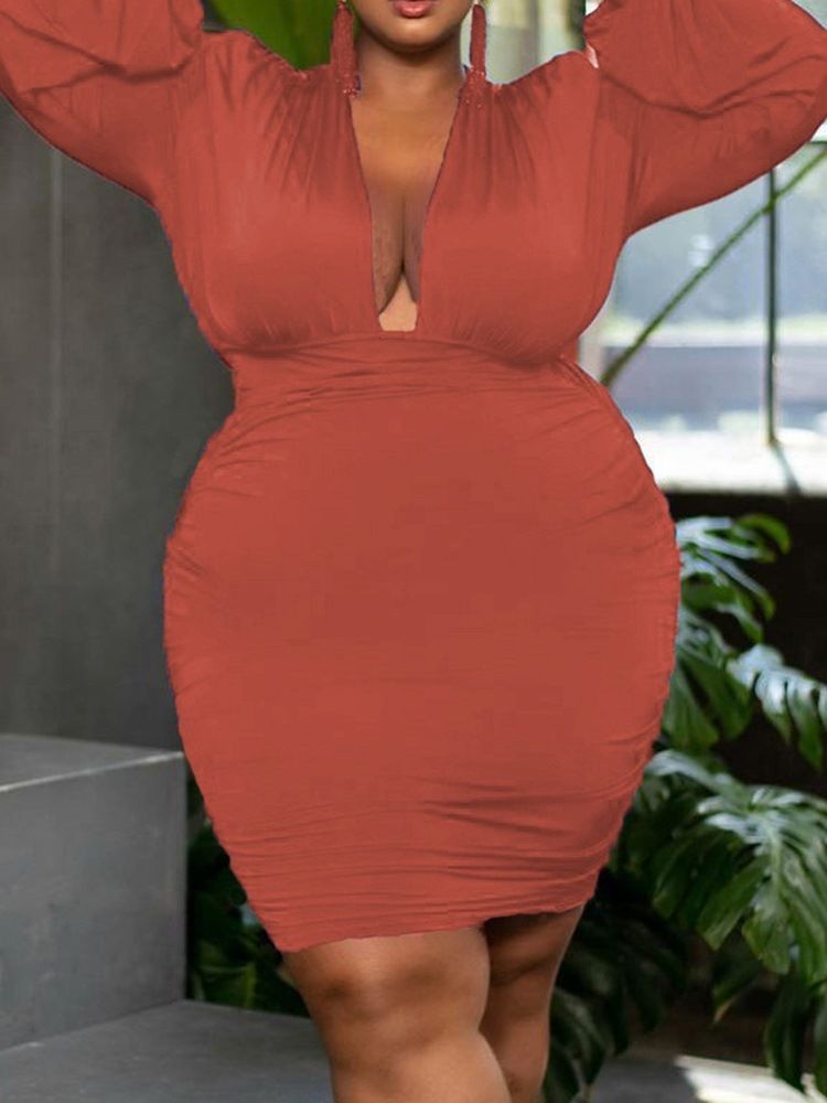Plus Size V-Ringad Knälång Långärmad Höst Sexig Klänning