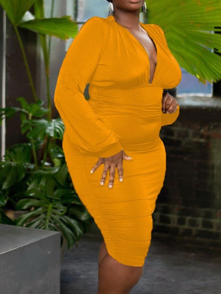 Plus Size V-Ringad Knälång Långärmad Höst Sexig Klänning