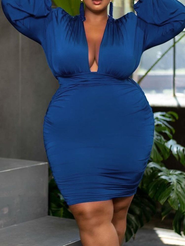 Plus Size V-Ringad Knälång Långärmad Höst Sexig Klänning