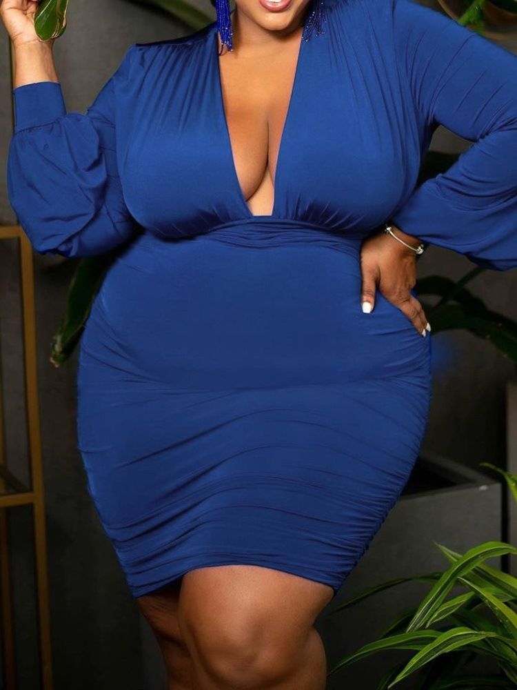 Plus Size V-Ringad Knälång Långärmad Höst Sexig Klänning