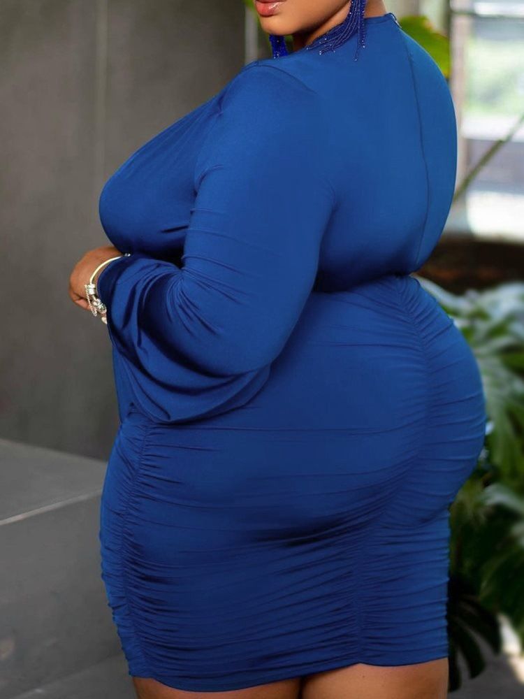 Plus Size V-Ringad Knälång Långärmad Höst Sexig Klänning
