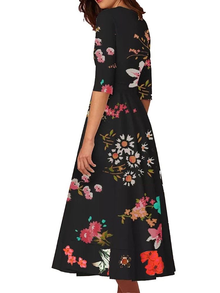 Print Expansion Half Sleeve Mid-Calf Floral Normal Klänning