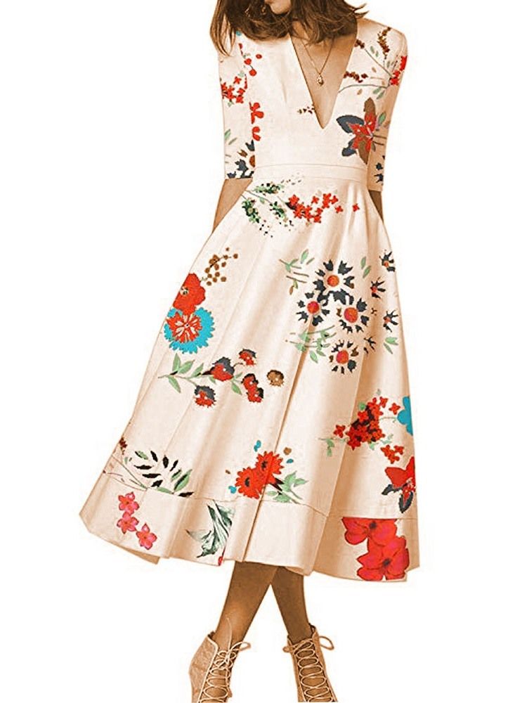 Print Expansion Half Sleeve Mid-Calf Floral Normal Klänning