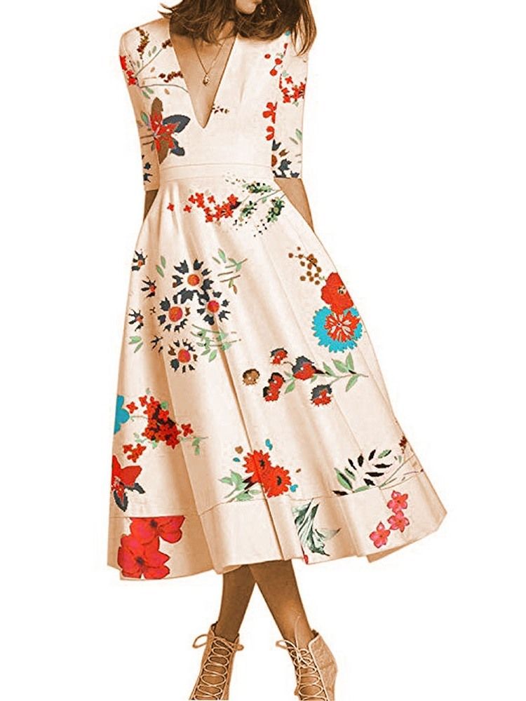 Print Expansion Half Sleeve Mid-Calf Floral Normal Klänning