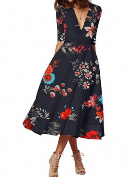 Print Expansion Half Sleeve Mid-Calf Floral Normal Klänning