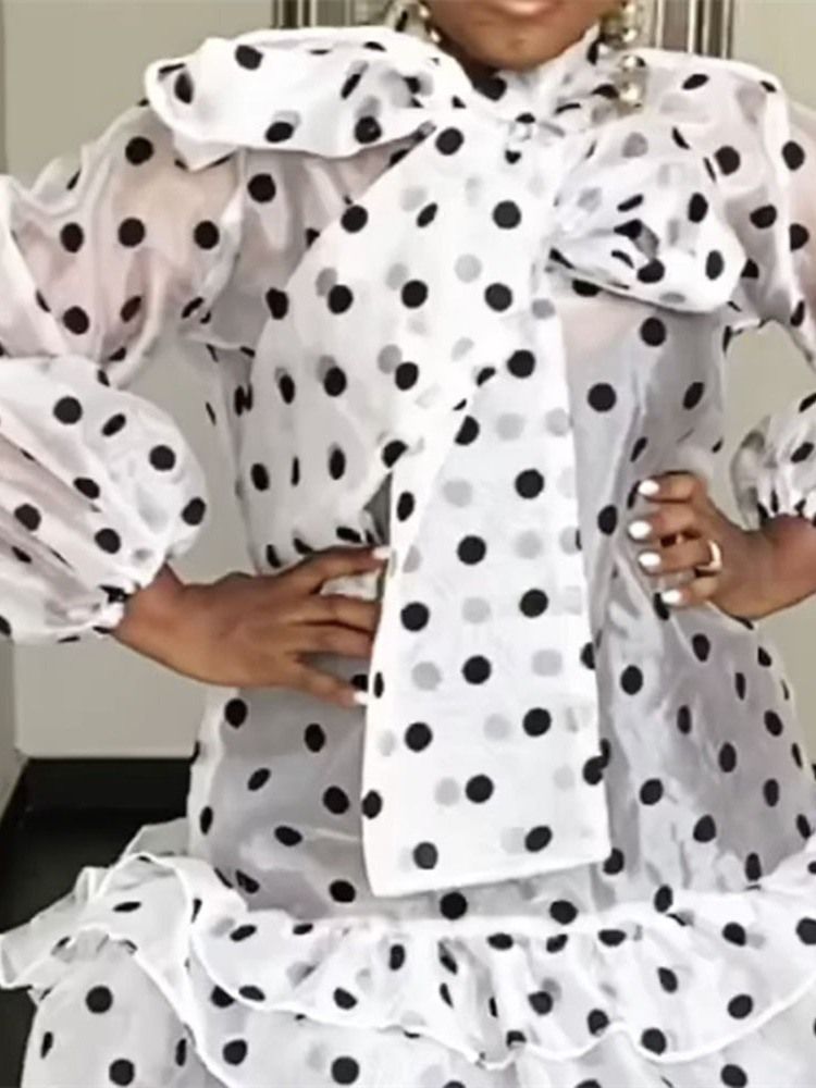 Rosettkrage Ovanför Knäet Print Pullover Polka Dots Klänning